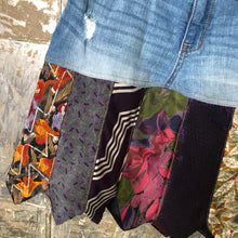 Load image into Gallery viewer, whiskered denim + purple plum tie skirt, (size 4)
