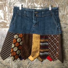 Load image into Gallery viewer, denim + vintage brown designer tie skirt, (size 8)
