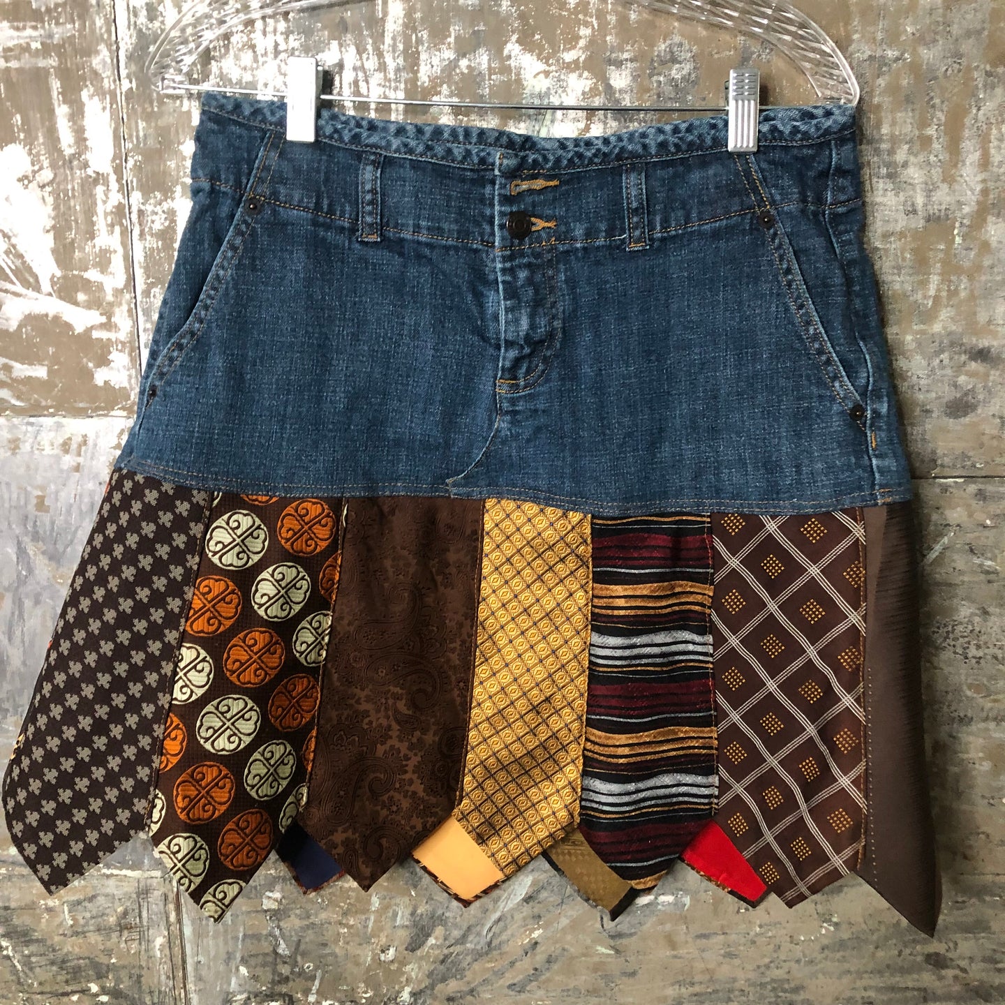 denim + vintage brown designer tie skirt, (size 8)