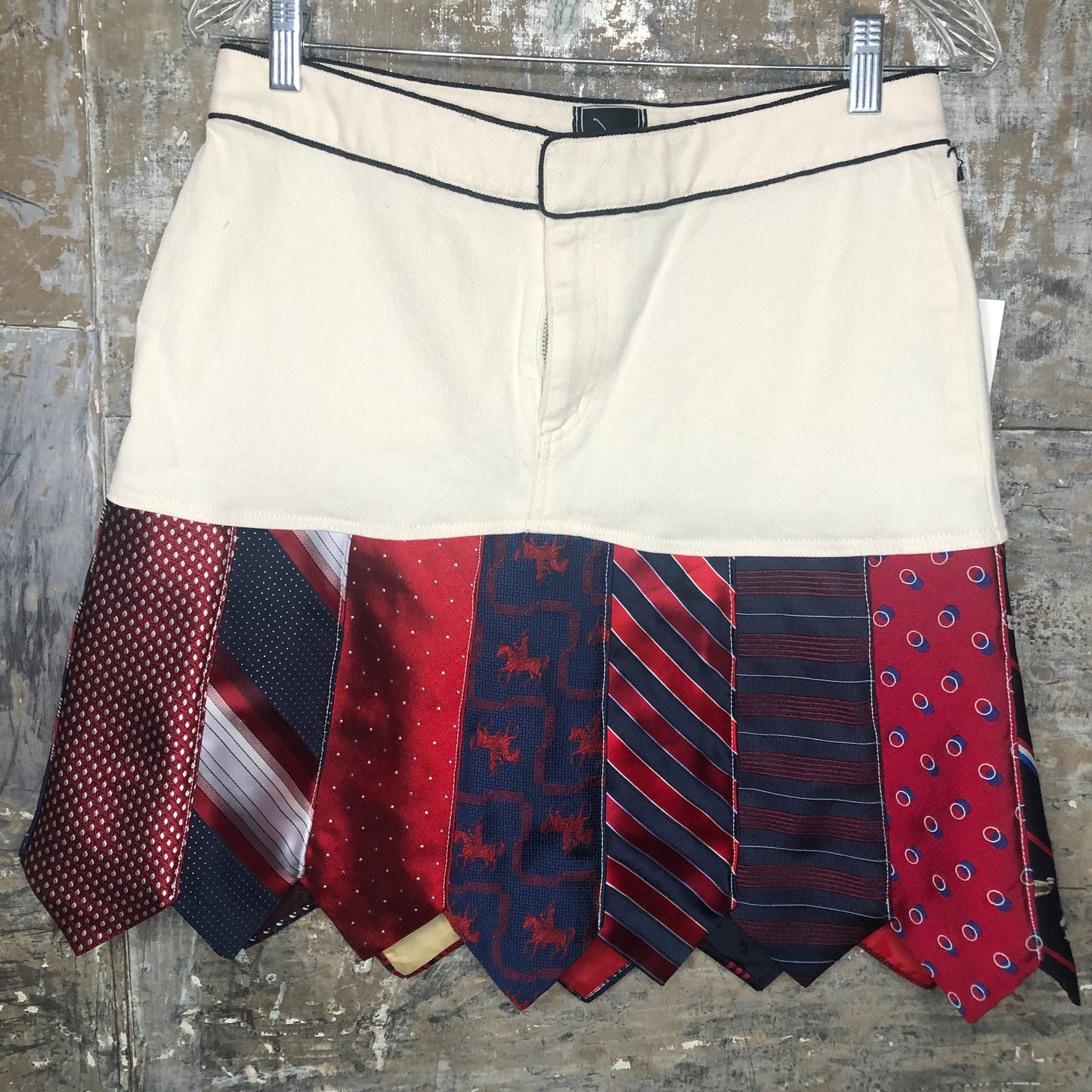 red blue white denim + vintage tie skirt, (size 10/12)