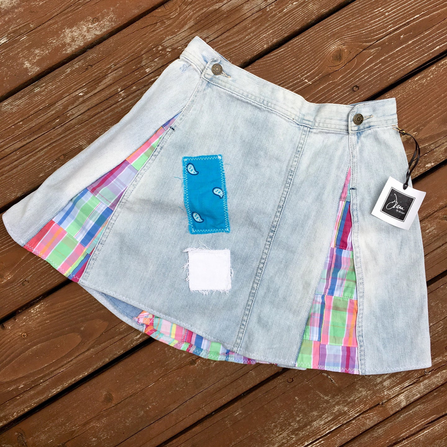 distressed denim + colorful madras flare skirt