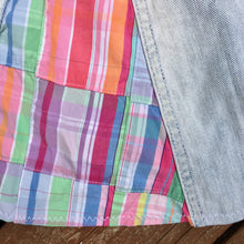 Load image into Gallery viewer, distressed denim + colorful madras flare skirt
