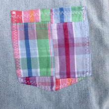 Load image into Gallery viewer, distressed denim + colorful madras flare skirt
