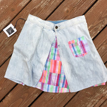 Load image into Gallery viewer, distressed denim + colorful madras flare skirt
