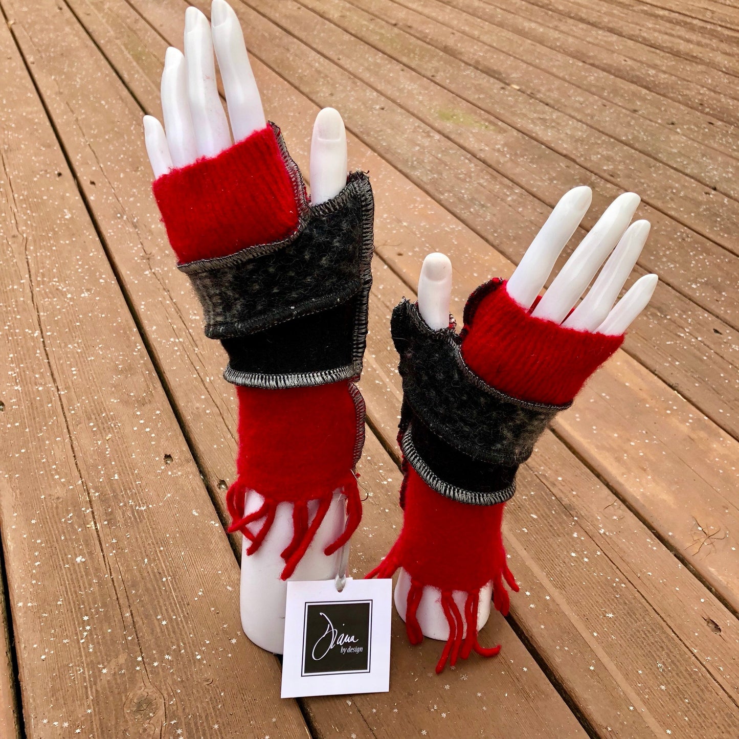 red fringed cashmere + snowflake fingerless mittens