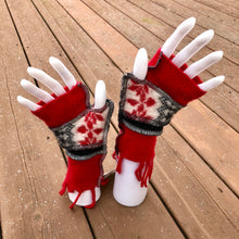Load image into Gallery viewer, red fringed cashmere + snowflake fingerless mittens
