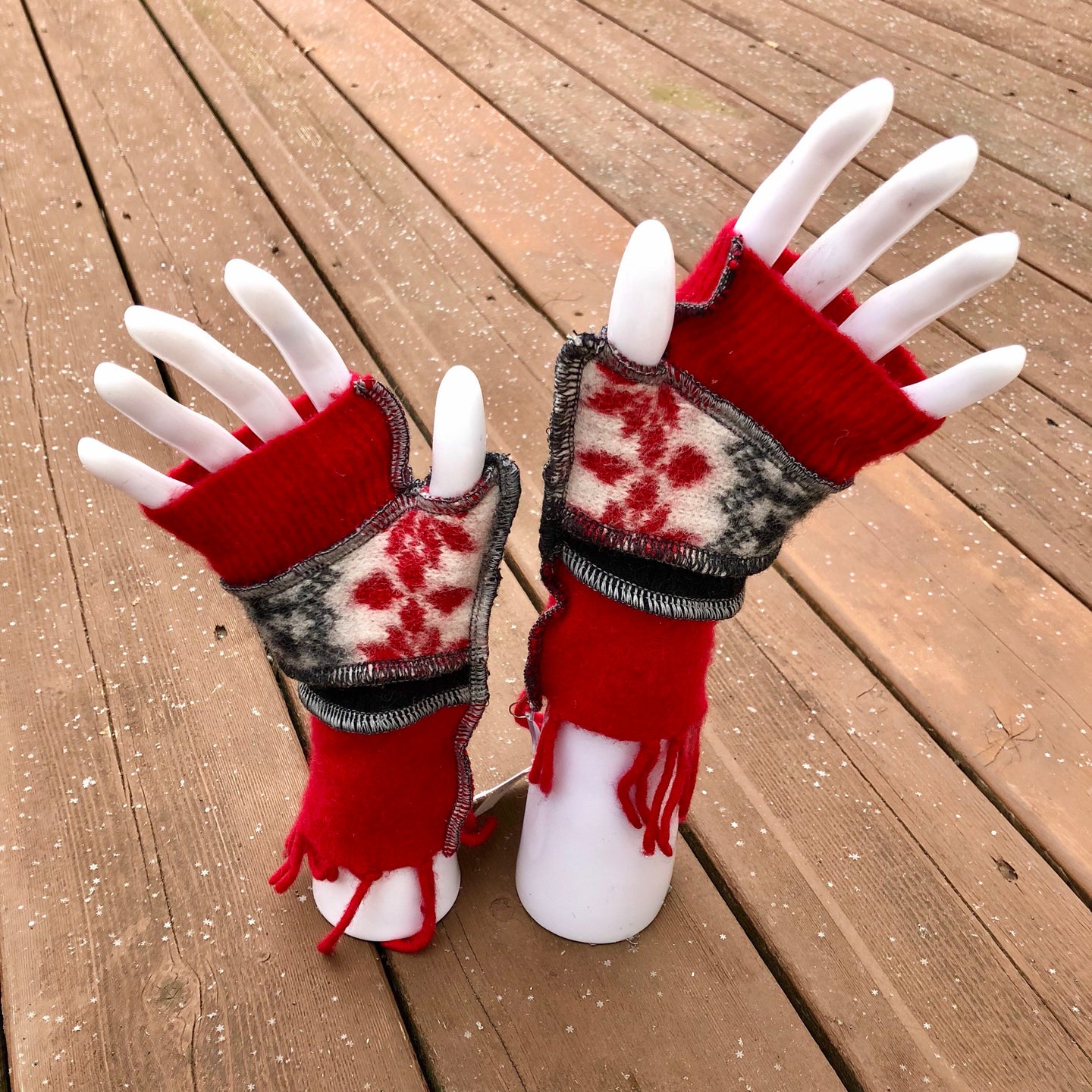 red fringed cashmere + snowflake fingerless mittens