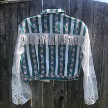 Load image into Gallery viewer, lace, fringe + green stripped floral denim jacket
