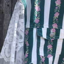 Load image into Gallery viewer, lace, fringe + green stripped floral denim jacket
