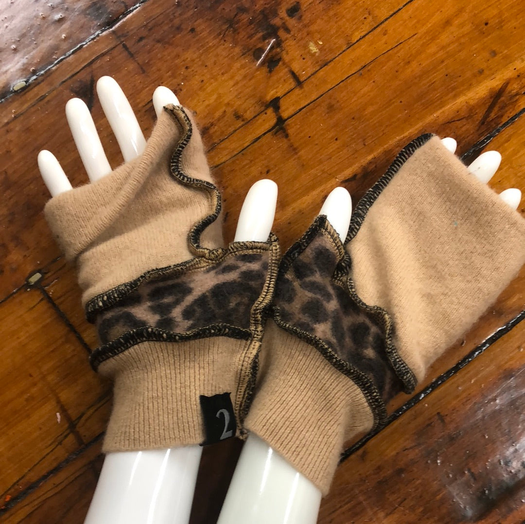 caramel + cheetah cashmere fingerless mittens