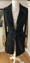 Load image into Gallery viewer, gold lamé blousy bells + dark denim dress jacket
