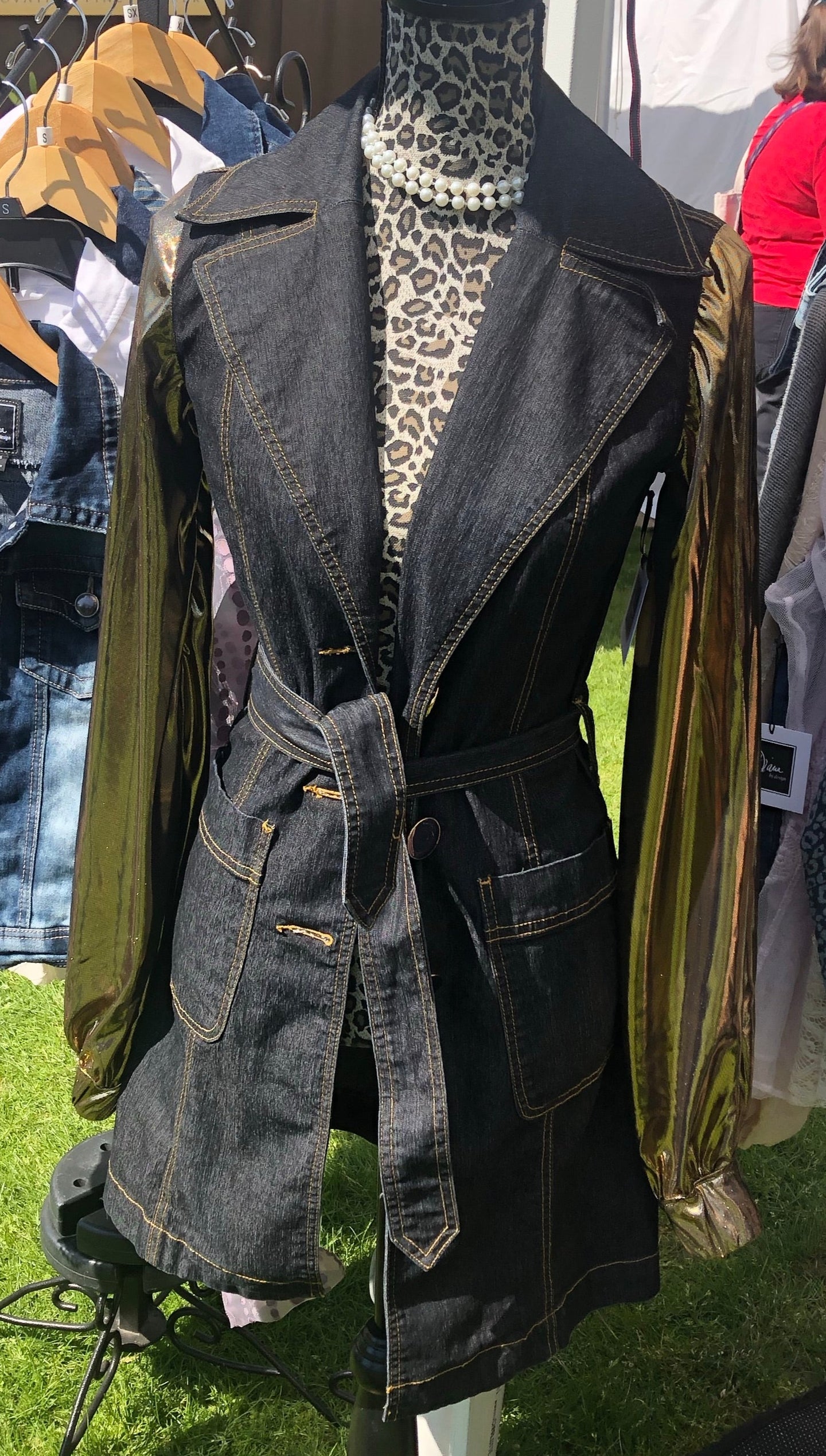 gold lamé blousy bells + dark denim dress jacket