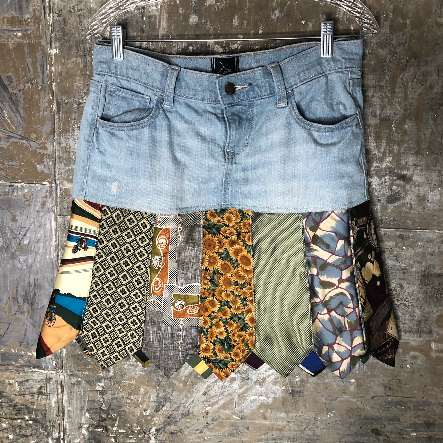 light wash denim + sports green tie skirt, (size 6)