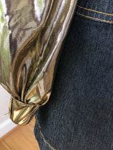 Load image into Gallery viewer, gold lamé blousy bells + dark denim dress jacket
