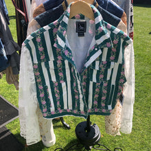 Load image into Gallery viewer, lace, fringe + green stripped floral denim jacket
