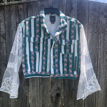 Load image into Gallery viewer, lace, fringe + green stripped floral denim jacket
